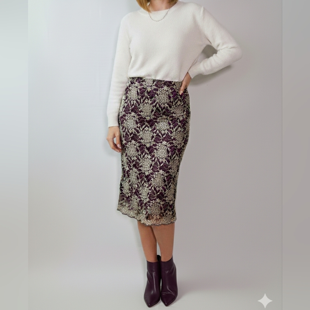 Georgiou Women's Purple Vintage Floral Lace Pull On Midi Skirt Size Small EUC 🐈